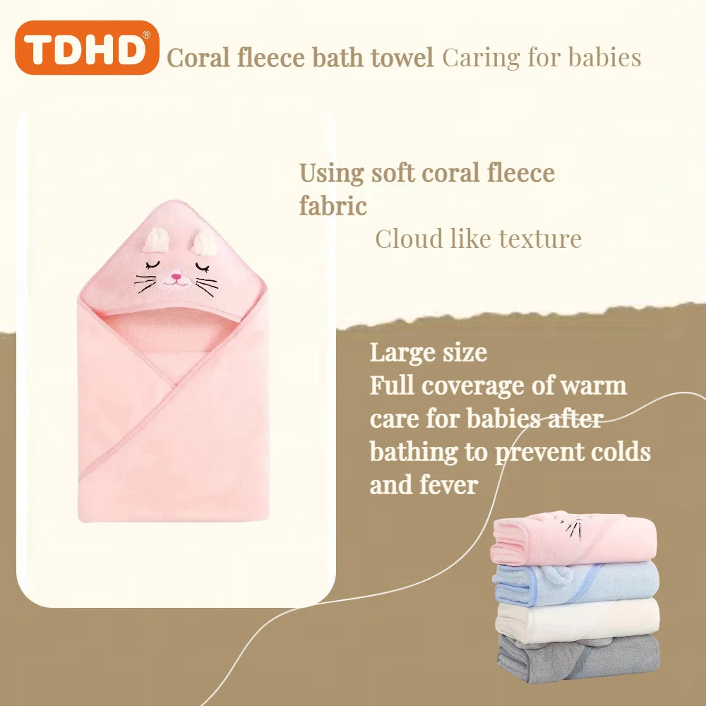 TDHD 1-piece children's solid color coral velvet embroidered bath towel Soft, skin-friendly, absorbent, quick and easy to clean